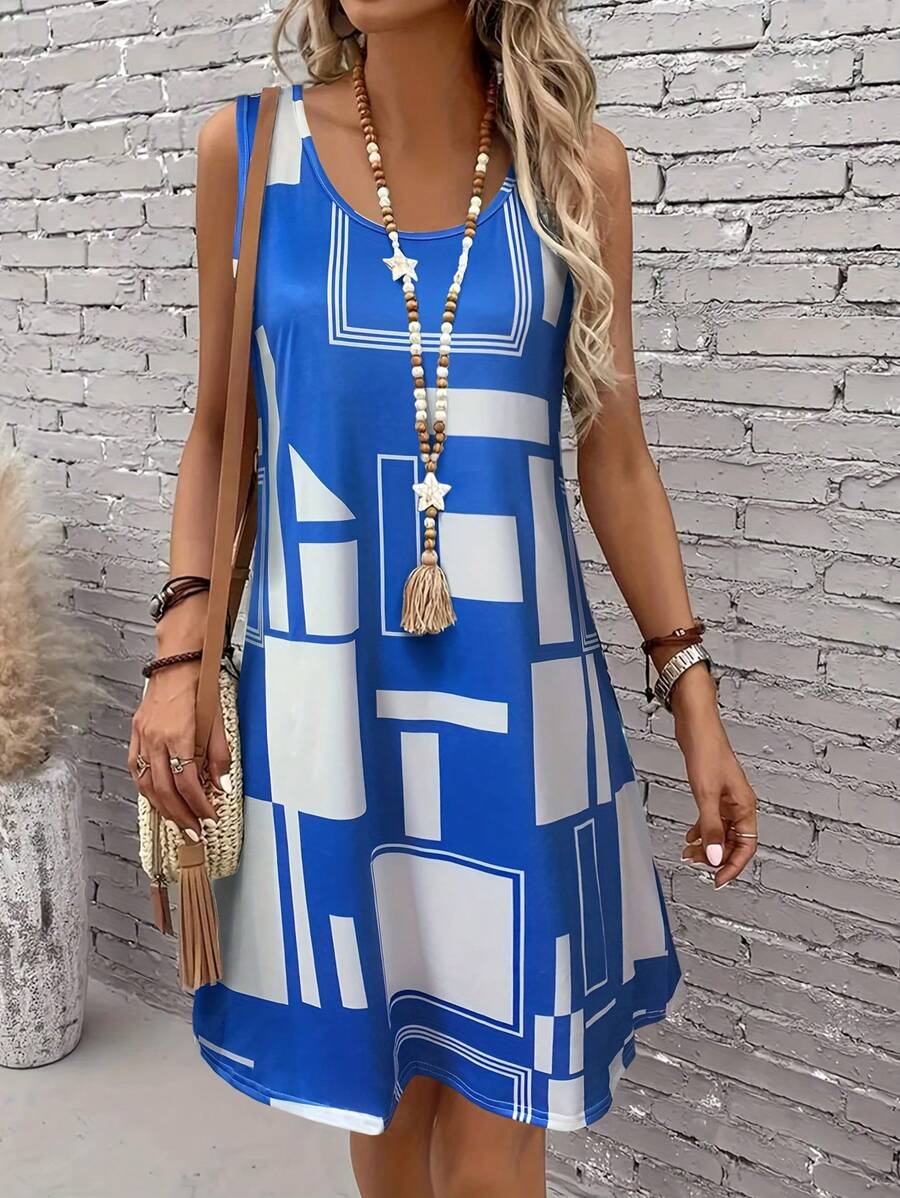 Sleeveless Geometric Print Dress, Suitable For Vacation Wear And Daily Wear - Baby Blue - View 1
