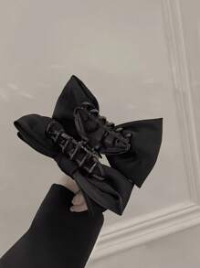 1件裝女款優雅絲綢蝴蝶結髮夾，甜美百搭，適合日常與派對穿著，黑色髮飾，秋冬節日穿搭必備 - 黑色 - 查看 7
