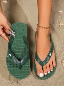 Sandalias clásicas de dedo de diseño minimalista, unicolor, cómodas, antideslizantes, para uso diario dentro y fuera de casa, para mujeres - Verde - Ver 2