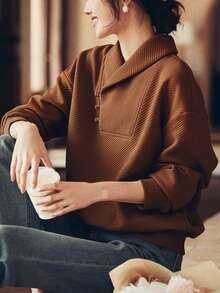 YUXIN 优雅中国风缺口领运动衫，原创设计纹理纽扣休闲女上衣，新款春冬时尚 - 咖啡棕 - 查看 4