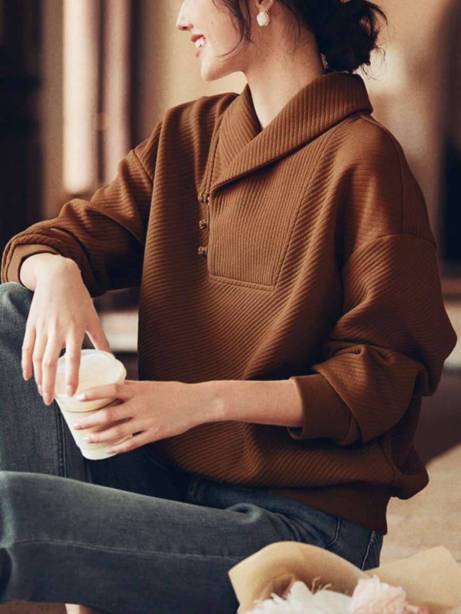 YUXIN 优雅中国风缺口领运动衫，原创设计纹理纽扣休闲女上衣，新款春冬时尚