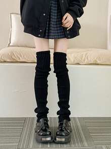 1 Pair Women Solid Vertical Striped Warm Decor Cute Leg Warmers, Suitable For Spring, Autumn, Winter - Black - View 2