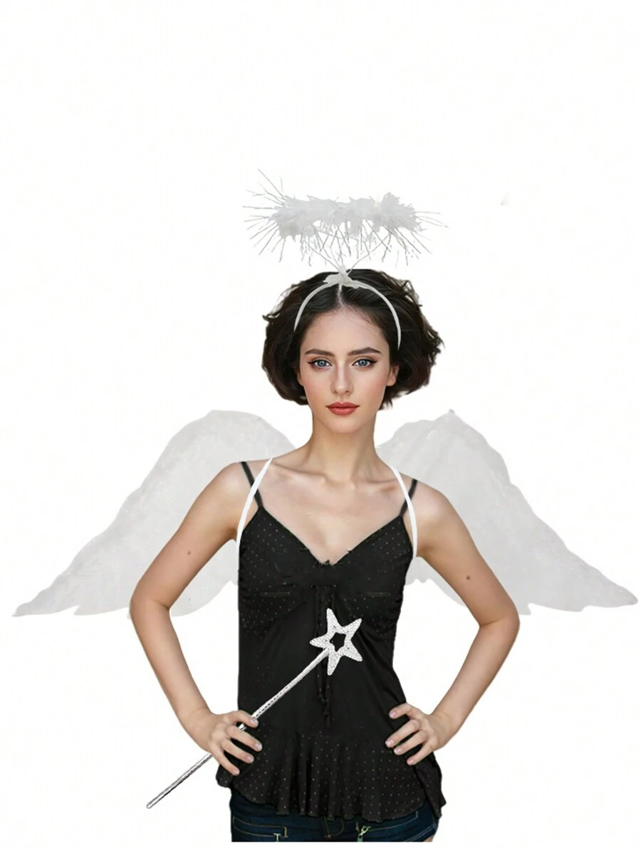 3-Piece Rave Party Costume Show Holiday Party Costume Props Simulated Feather Angel Wing Set - White - View 1