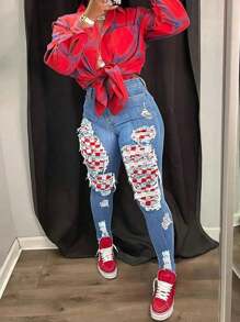 Quần jeans nữ dáng ôm sát, co giãn, phong cách châu Âu và Bắc Mỹ mới, có họa tiết rách cá tính, thích hợp cho mùa xuân. - Màu xanh lam - Xem 3