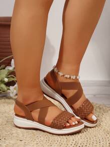 Plus Size Women's Woven Sandals, Cross Elastic Round Toe Flat Heel Slingback Casual Beach Shoes - Brown - View 5