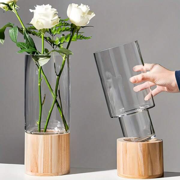 1pc Nordic Style Acrylic Flower Vase With Wooden Base - Perfect For Home Decor And Floral Arrangements