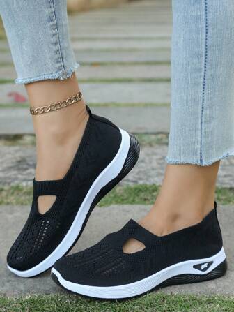 Dames effen kleur ademend zachte zool lichtgewicht sneakers, instap gebreide casual schoenen