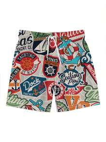 Men's 3D Summer Rudder Swimming Ring Letter Printed Beach Shorts,Hawaiian - Multicolor - View 4