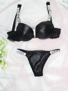 Sexy Vinyl Bra And Thong Set With Lace Detail And V-Shaped Clasp, Shiny Stones On Adjustable Straps