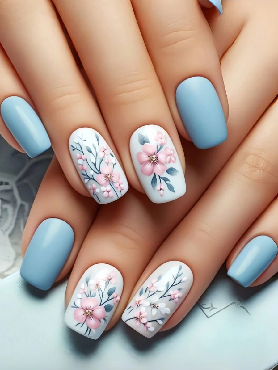 Hộp 24 miếng dán móng tay hình vuông dài vừa, họa tiết hoa năm mới nhiều màu sắc, có thể tháo rời, miếng dán sơn móng tay, dành cho thời trang xuân/hè, dụng cụ dán móng tay - Màu xanh nhạt - Xem 1