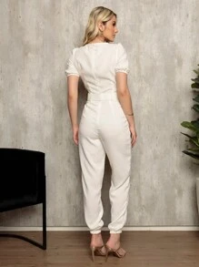 Plain Linen Jumpsuit With V-Neckline And Free Belt - White - View 1