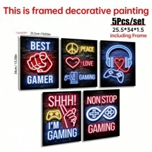 Set de 5 pinturas de pared de póster de estilo neón de videojuegos, decoración de arte moderno para sala de juegos, impresiones en lienzo sin marco, arte de pared en lienzo, pósteres para habitación, artículos de decoración de habitación, decoración del hogar, decoración estética de habitación, decoración occidental, decoración para baño, sala de estar, dormitorio, oficina