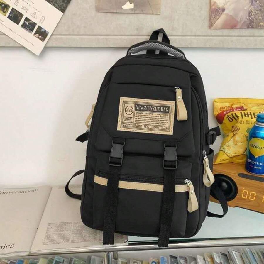 女士功能性背包书包,,学校书包,,学校背包,大容量,经典休闲,轻便,适合少女、女大学生、初中、高中、户外、旅行、郊游、度假、小学 - 黑色 - 查看 1