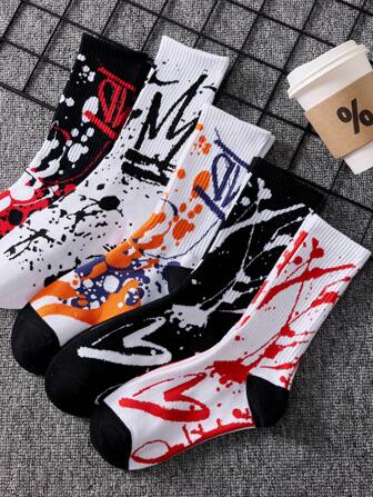 4 Pairs Of Men's Colorful Stylish Street Style Doodle Crew Socks, Random Colors