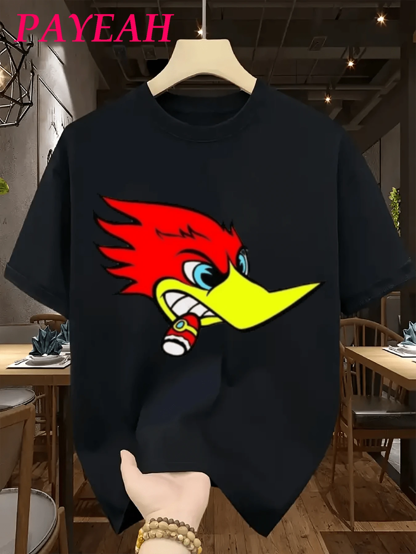 Payeah Cartoon Woody Woodpecker Graphic Print Casual Tshirt 220g Heavy Cotton Tee Comfort Fit (1pcs) - màu đen - Xem 1