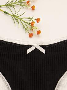 5pcs Women Black Ribbed Cute Bow Sexy Lace Trim Thong Panties - Black - View 7