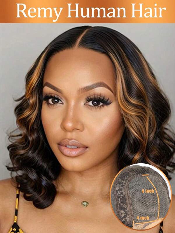 Parrucca Wig Bob, capelli umani con riflessi, sfumatura biondo miele, parrucca frontale in pizzo trasparente, capelli umani a onde, 4x4, pre-diradati con baby hair, densità 180%, per donne