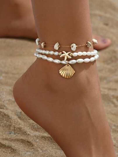 3pcs/Set Minimalist White Starfish Pearl Beaded Gold Seashell Stone Chain Anklet, Suitable For Daily Wear, Beach & Holiday