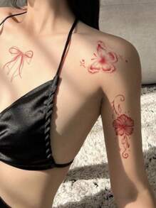 1 Piece Of Valentine's Day Tattoo Sticker, Temporary Tattoo Sticker, Sexy Pure Lust Style Colorful Butterfly Ribbon Bow Collarbone Arm Waterproof And Sweatproof Washable Non-Reflective Simulation Tattoo Suitable For Fashionable People And Can Last 3-5 Days - Multicolor - View 4