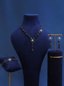 3 pièces/set de colliers, boucles d'oreilles et bracelets à la mode avec cristaux noirs et strass, convenant pour les occasions quotidiennes, de mariage romantique ou d'Halloween