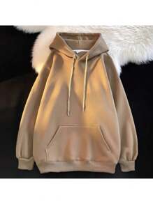 Blusa de Frio Moletom Canguru Unissex Feminino e Masculino Casaco Com Capuz Moleton Algodão Liso - Caqui - Visão 1