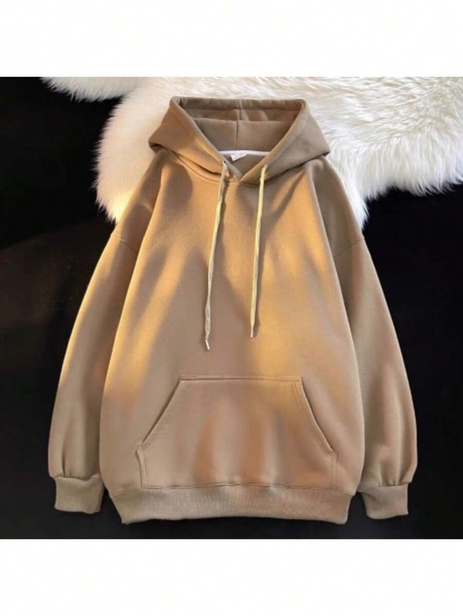 Blusa de Frio Moletom Canguru Unissex Feminino e Masculino Casaco Com Capuz Moleton Algodão Liso - Caqui - Visão 1