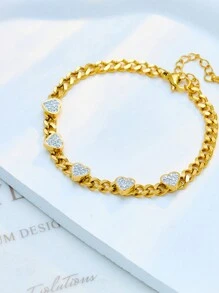1pc Fashionable White 3D Heart Chain Stainless Steel Bracelet, Versatile & Elegant, Suitable For Daily Wear And Gift - Yellow Gold - View 3