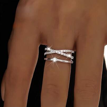 Elegant Sterling Silver Women's Cuff Ring, Adjustable Open Cross Band With Synthetic Cubic Zirconia, Resort Style Holiday Gift, Platinum Plated, Perfect For Everyday Wear, Holidays, Valentine's Day - Compatible With All Seasons