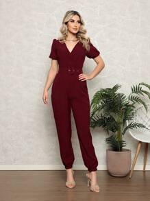 Plain Linen Jumpsuit With V-Neckline And Free Belt - Redwood - View 1