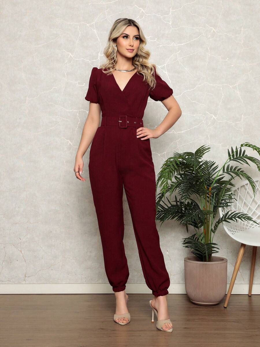 Plain Linen Jumpsuit With V-Neckline And Free Belt - Redwood - View 1