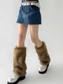 1 Pair Solid Color Fluffy Leg Warmers/Foot Covers For Women, Suitable For Autumn/Winter Christmas Gift - Brown - View 13