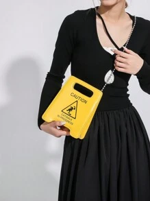 New Cartoon Warning Sign Handbag, Chain Letter Bag, Cosmetic Bag, Accessory Bag, Fashion Casual Minimalist Street Shoulder Crossbody Bag, Fashionable Butter Yellow Bag For Women