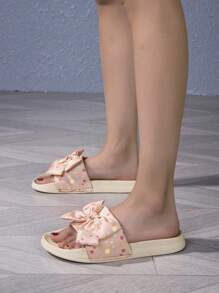 1 par de cómodas y elegantes zapatillas casuales con diseño de lunares y lazo, estilo princesa de suela plana, para adolescentes, primavera/verano - Rosa - Ver 5