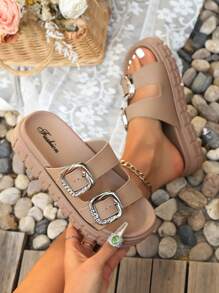 Women's Fashionable Everyday Double-Buckle Solid Color Versatile Comfort Indoor/Outdoor Flat Slippers - Khaki - View 6