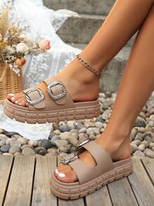 Women's Fashionable Everyday Double-Buckle Solid Color Versatile Comfort Indoor/Outdoor Flat Slippers - Khaki - View 2