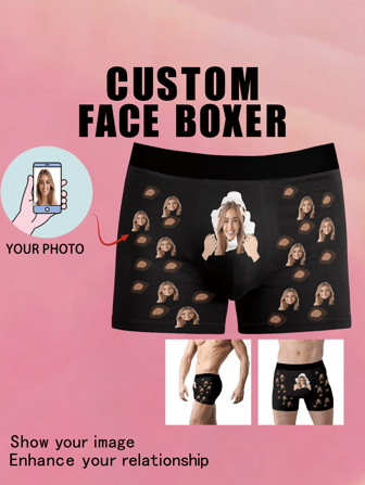 Customized Photo Printed Heart Design Men's Briefs, Comfortable Stretchy Casual Personalized Underwear For Boyfriend/Husband, Valentine's Day Gift