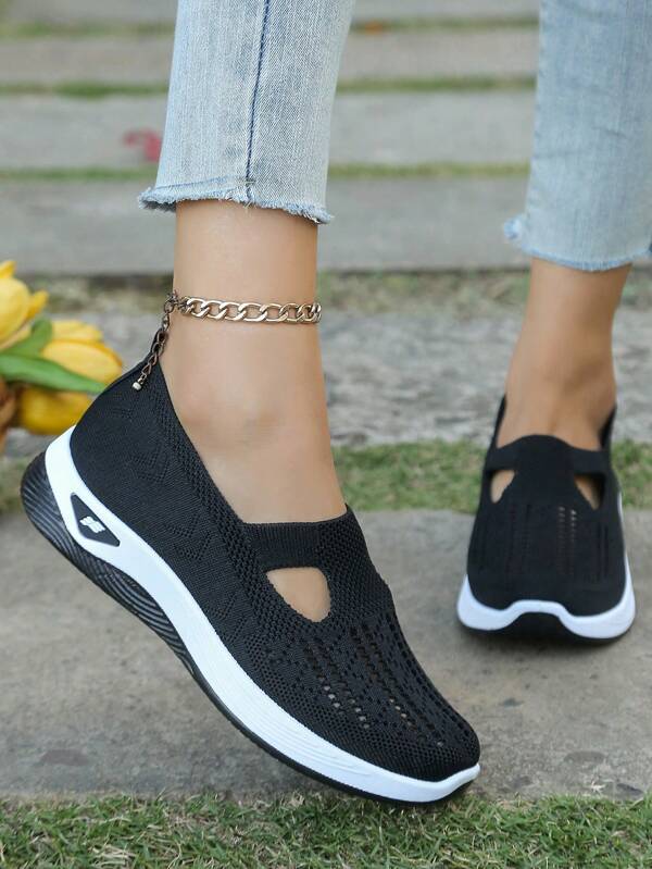 Women's Solid Color Breathable Soft Sole Lightweight Sneakers, Slip-On Knitted Casual Shoes