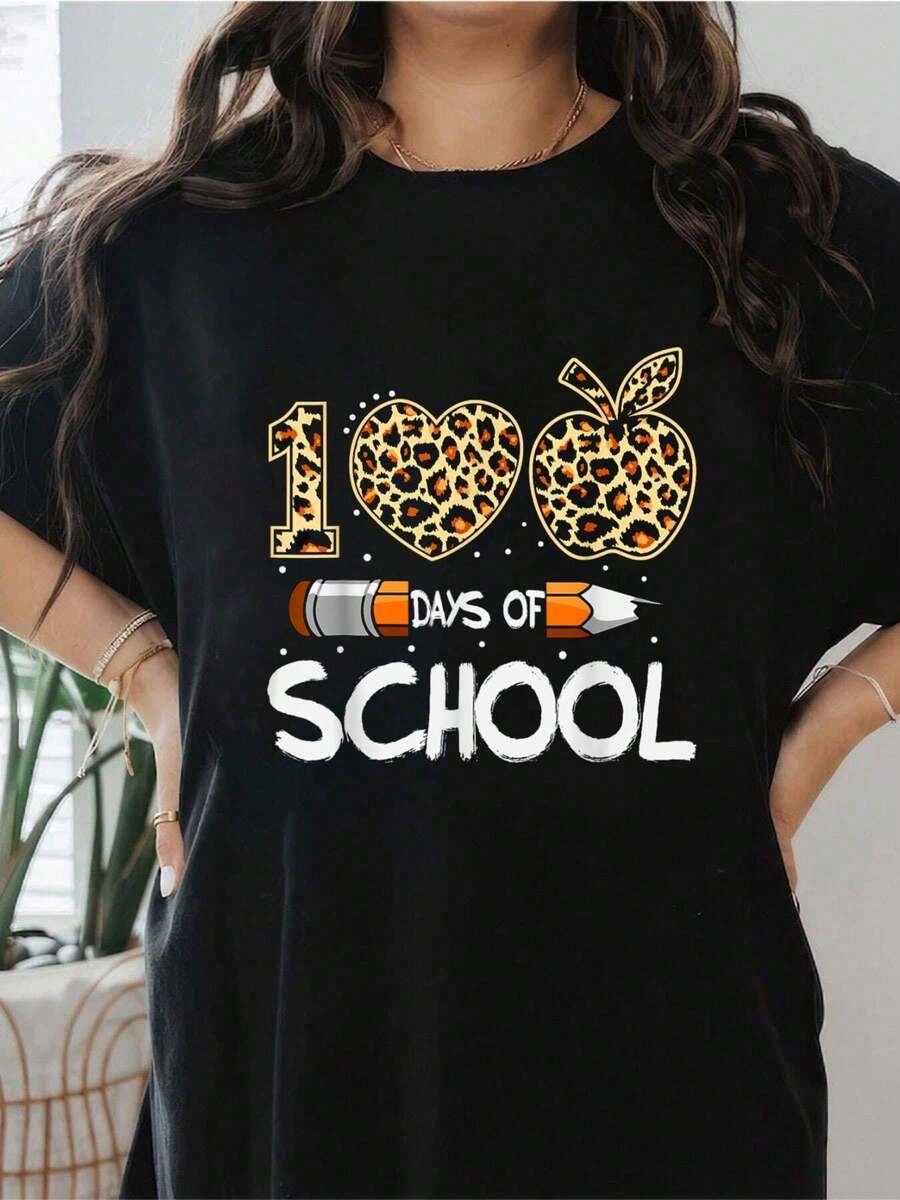 100 Days Of School Leopard Teacher 100th Day Of School T-Shirt Cute Print Women T Shirt, Short Sleeve Round Neck Casual Top For Summer Spring, Women's Clothing - Black - View 1
