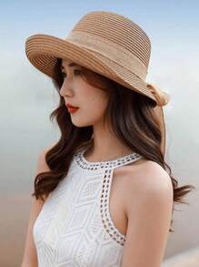 Women's Summer New Casual Fashion Wide Brim Straw Hat, Outdoor Sunscreen Hat With Oversized Bow, Versatile Solid Color Bohemian Retro Street Style Elegant, Polyester, UV Protection