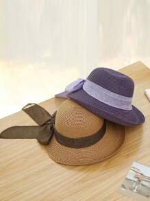 Women's Summer New Casual Fashion Wide Brim Straw Hat, Outdoor Sunscreen Hat With Oversized Bow, Versatile Solid Color Bohemian Retro Street Style Elegant, Polyester, UV Protection