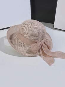 Women's Summer New Casual Fashion Wide Brim Straw Hat, Outdoor Sunscreen Hat With Oversized Bow, Versatile Solid Color Bohemian Retro Street Style Elegant, Polyester, UV Protection