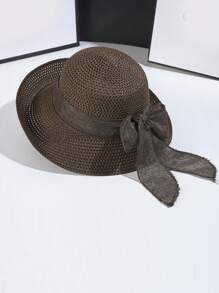 Women's Summer New Casual Fashion Wide Brim Straw Hat, Outdoor Sunscreen Hat With Oversized Bow, Versatile Solid Color Bohemian Retro Street Style Elegant, Polyester, UV Protection