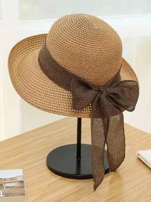 Women's Summer New Casual Fashion Wide Brim Straw Hat, Outdoor Sunscreen Hat With Oversized Bow, Versatile Solid Color Bohemian Retro Street Style Elegant, Polyester, UV Protection