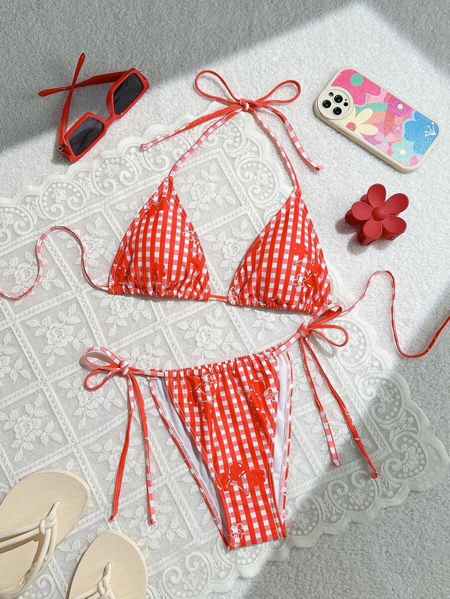 女士夏季沙滩格子花朵裹胸前吊带性感比基尼泳装套装 - 彩色 - 查看 1
