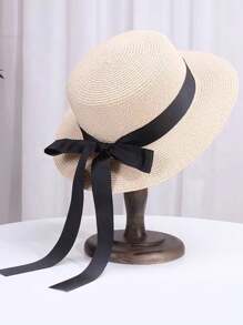 Chapeau de paille avec un nœud papillon à longues bandelettes pour femmes, chapeau de soleil à large bord pour l'été, style mode, casual, élégant et rétro bohème, protection UV, en polyester, convient pour le printemps et l'été