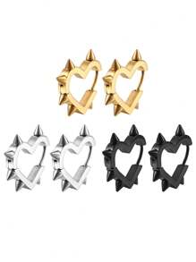 2 Pcs Fashion Stainless Steel Heart-Shaped Spike Stud Earrings, Hip-Hop Unisex Geometric Earrings, 304 Stainless Steel - Multicolor - View 4