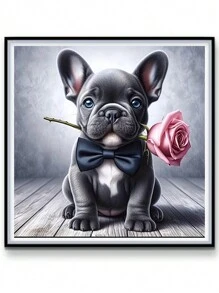 1 件 5D 钻石画套装，圆形马赛克 DIY 法国斗牛犬与玫瑰艺术工艺品，动物主题帆布墙饰，钻石艺术套装用于家居装饰 - 彩色 - 查看 1