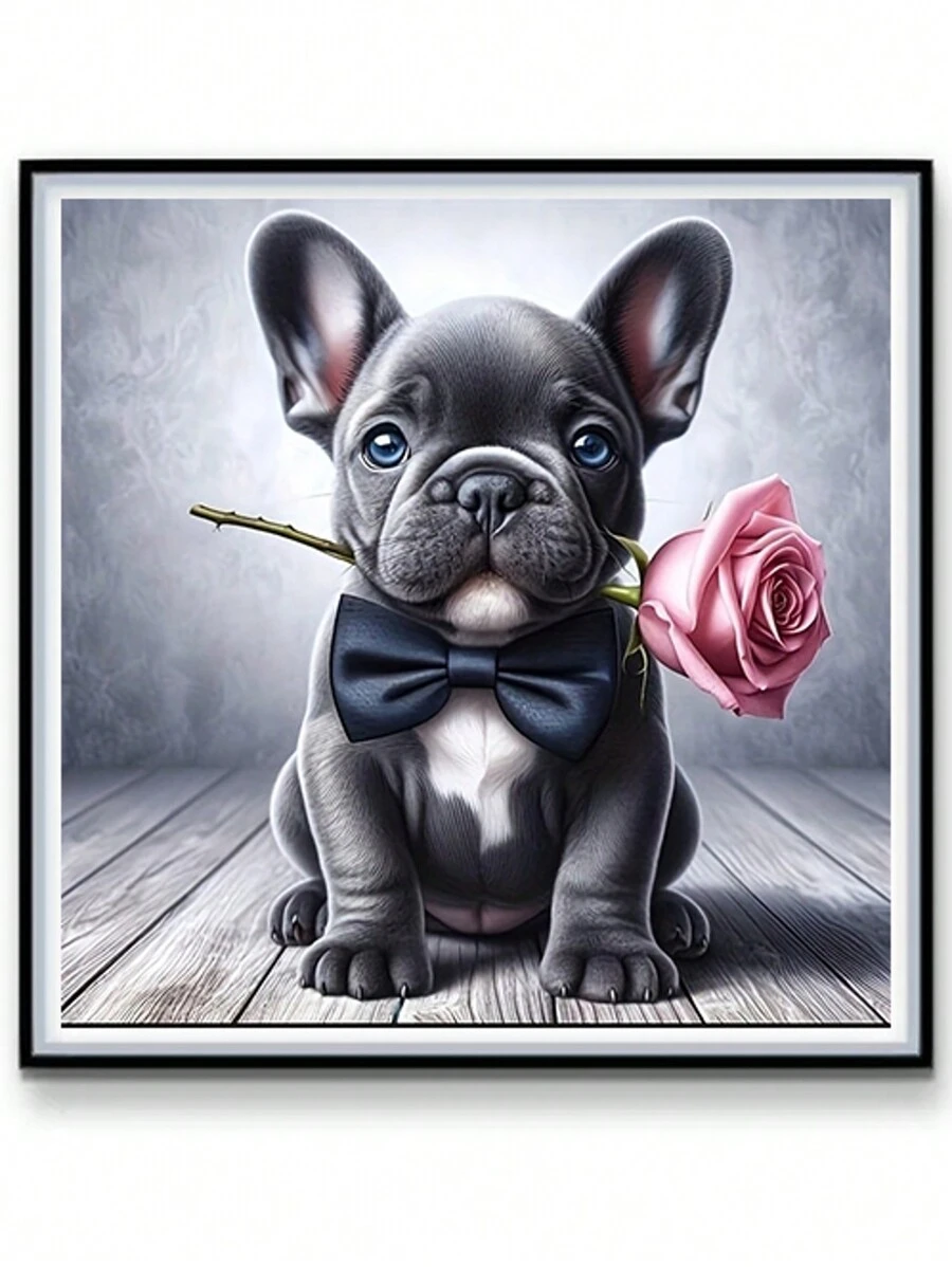 1 件 5D 钻石画套装，圆形马赛克 DIY 法国斗牛犬与玫瑰艺术工艺品，动物主题帆布墙饰，钻石艺术套装用于家居装饰 - 彩色 - 查看 1