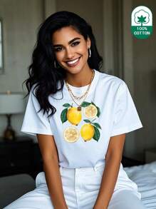 (180g Pure Cotton T-Shirt) Mature Large Lemon Oil Painting Printed Women's Summer Round Neck Thick Short Sleeved T-Shirt Casual Pure Cotton