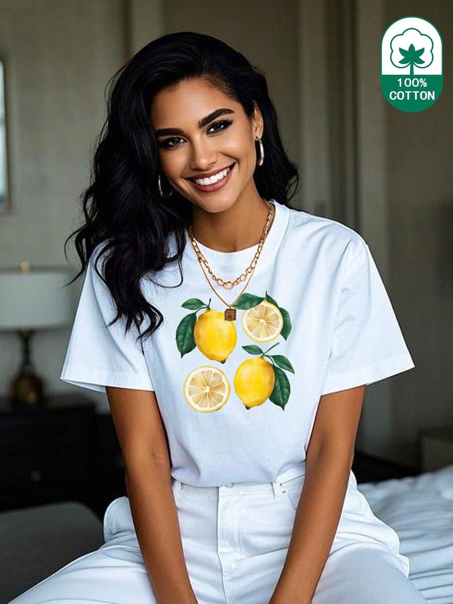 (180g Pure Cotton T-Shirt) Mature Large Lemon Oil Painting Printed Women's Summer Round Neck Thick Short Sleeved T-Shirt Casual Pure Cotton